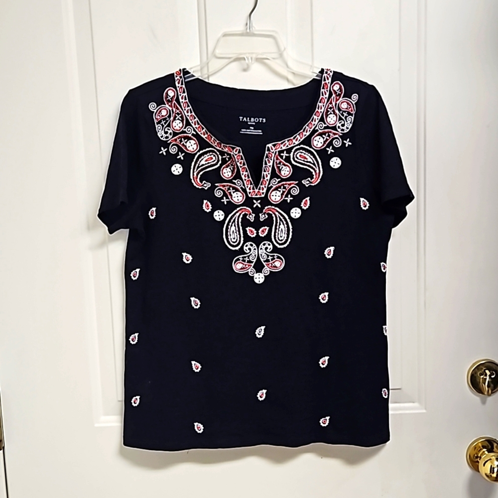 Talbots Petite Navy Paisley Tee